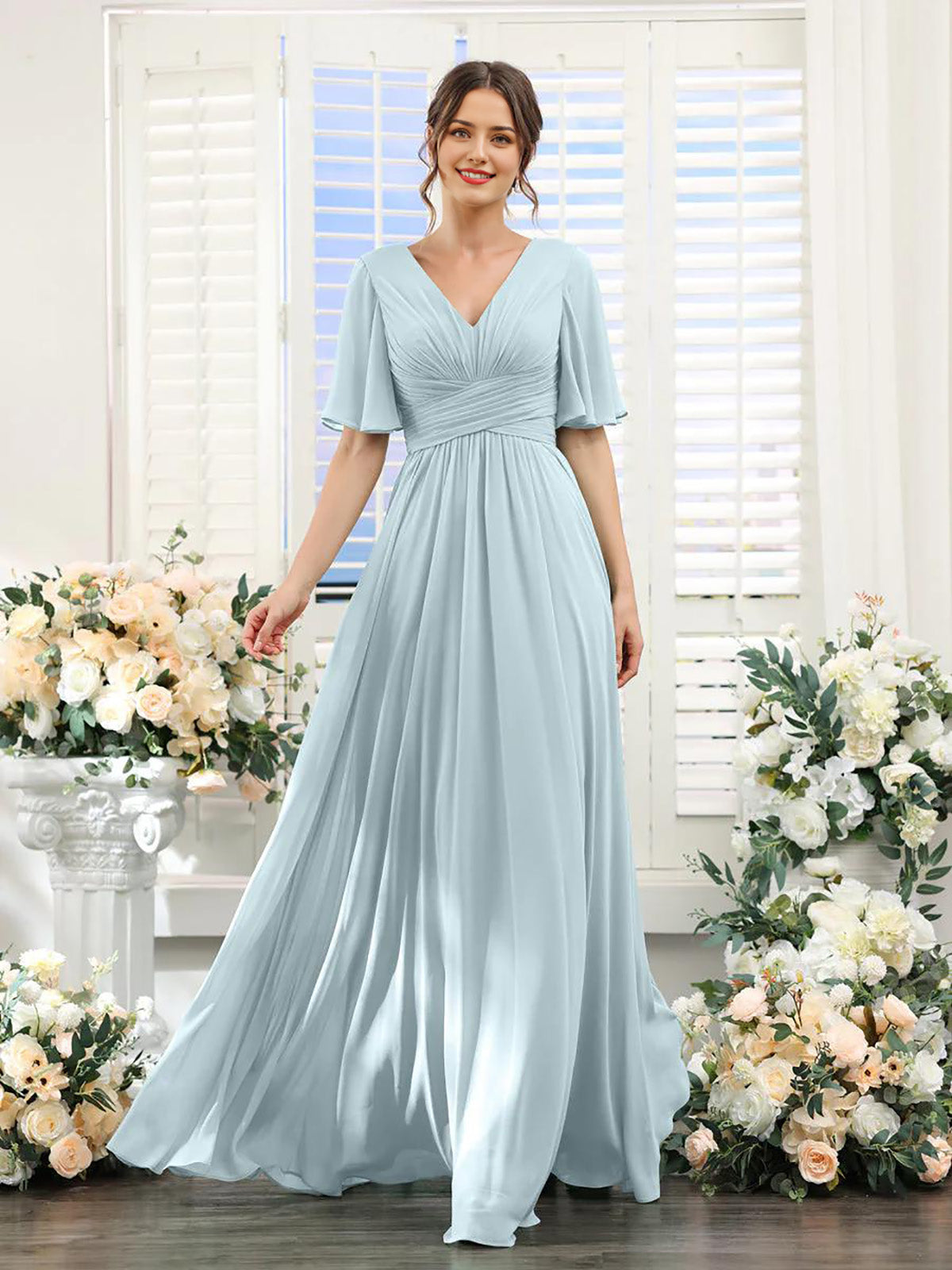 Light blue A-Line V-Neck long sleeve chiffon formal dress.
