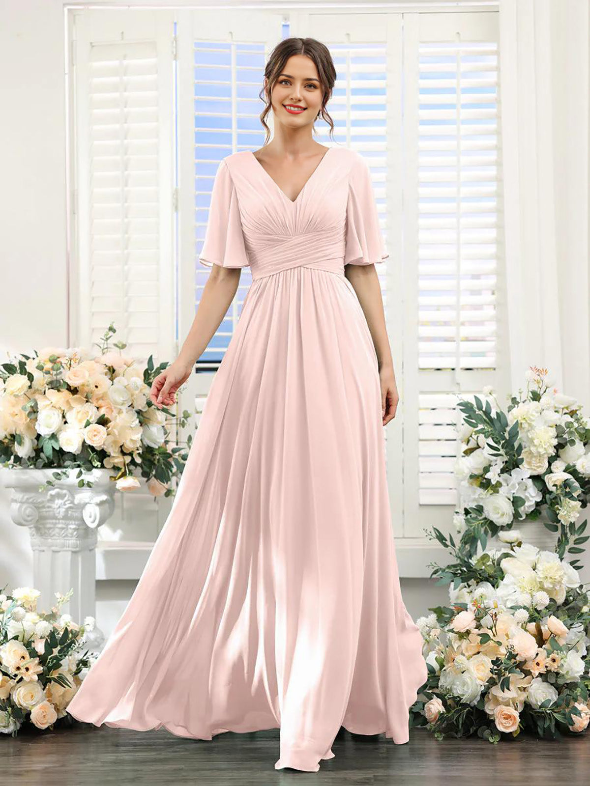Light pink A-Line V-Neck long sleeve chiffon formal dress.
