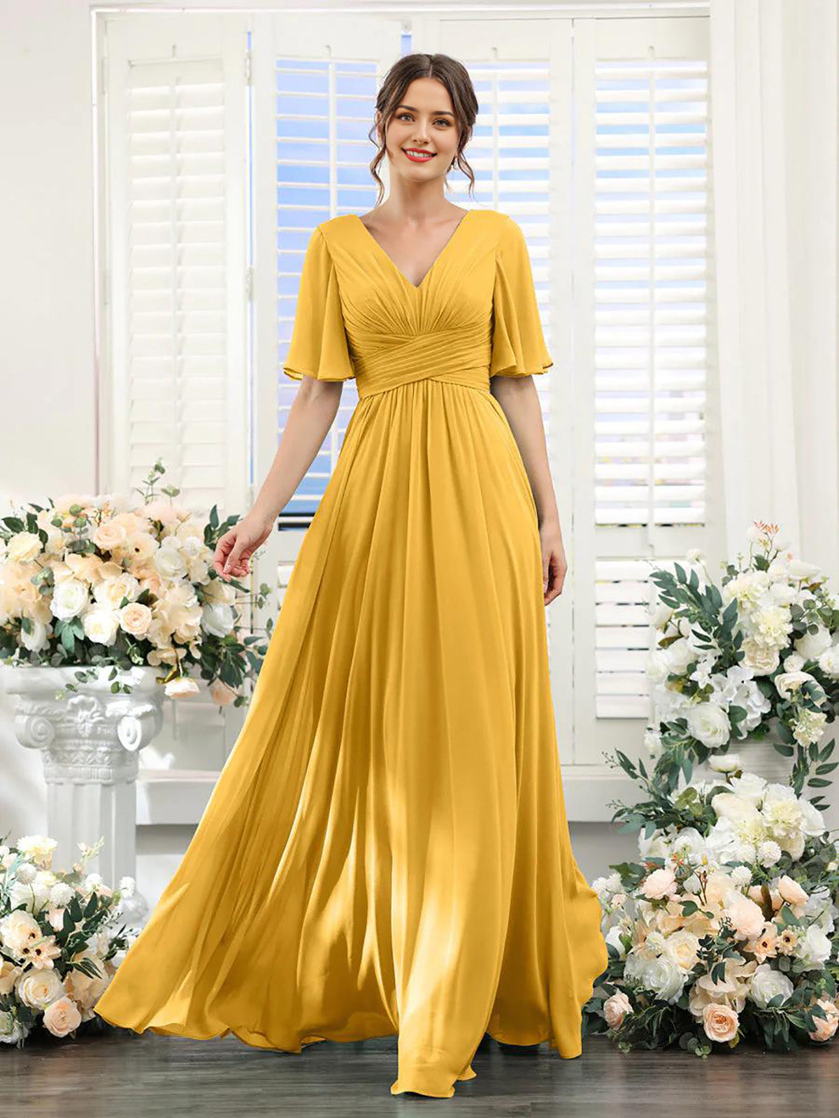 Mustard yellow A-Line V-Neck long sleeve chiffon formal dress.