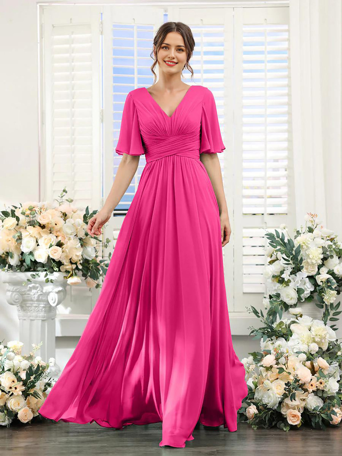 Hot pink A-Line V-Neck long sleeve chiffon formal dress.