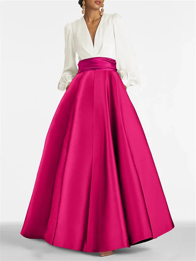 Elegant A-Line V-Neck long sleeve floor-length evening dress, perfect for formal occasions.