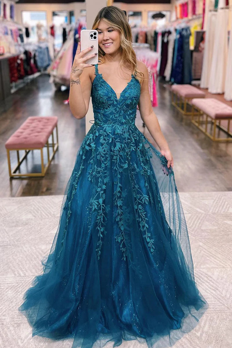 Close-up of the tulle applique details on the A-Line V-Neck Prom Dress.