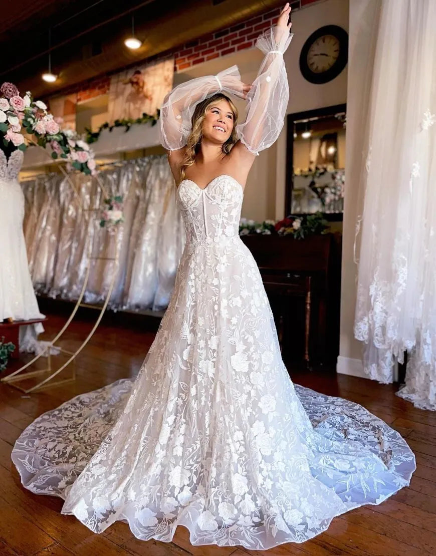 A-Line Train Lace Wedding Dress With Detachable Sleeves