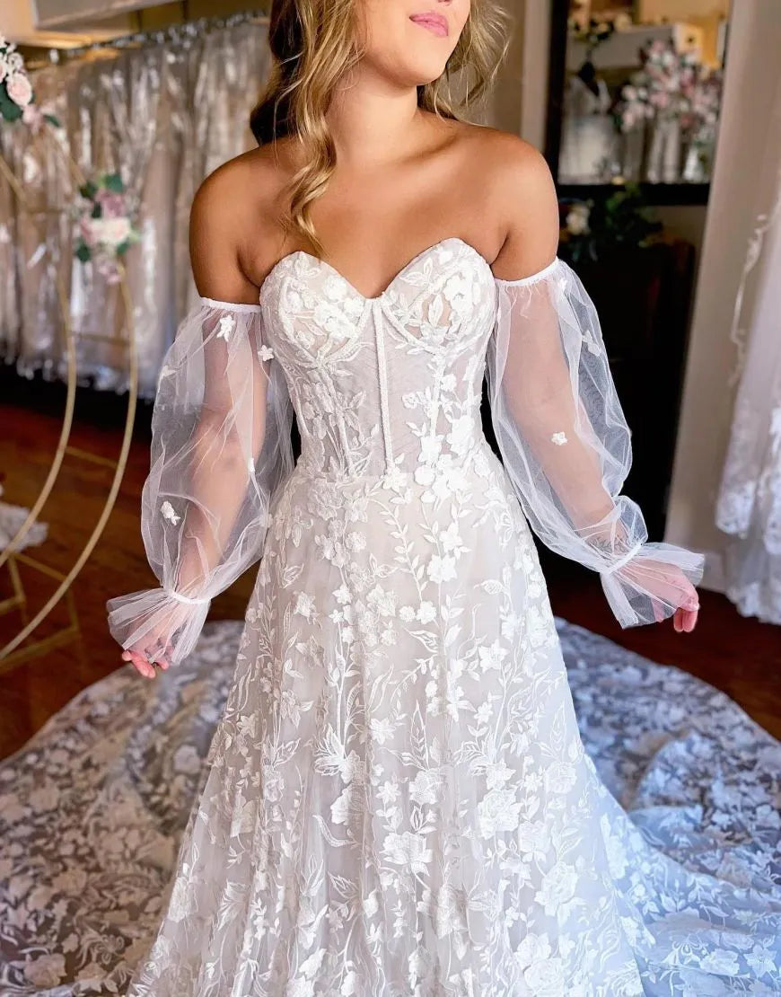 A-Line Train Lace Wedding Dress With Detachable Sleeves