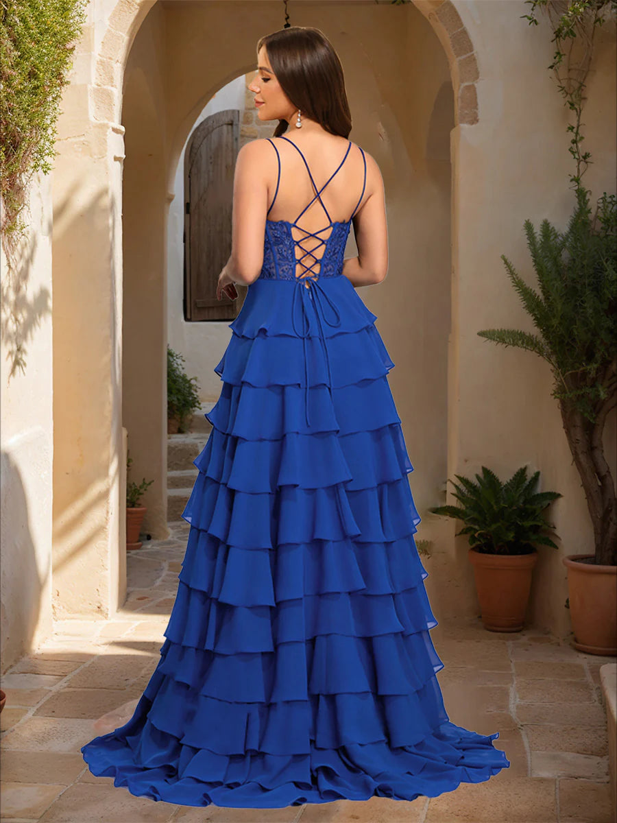 A-Line Straps Sheer Corset Lace Ruffle Prom Dresses with Appliques