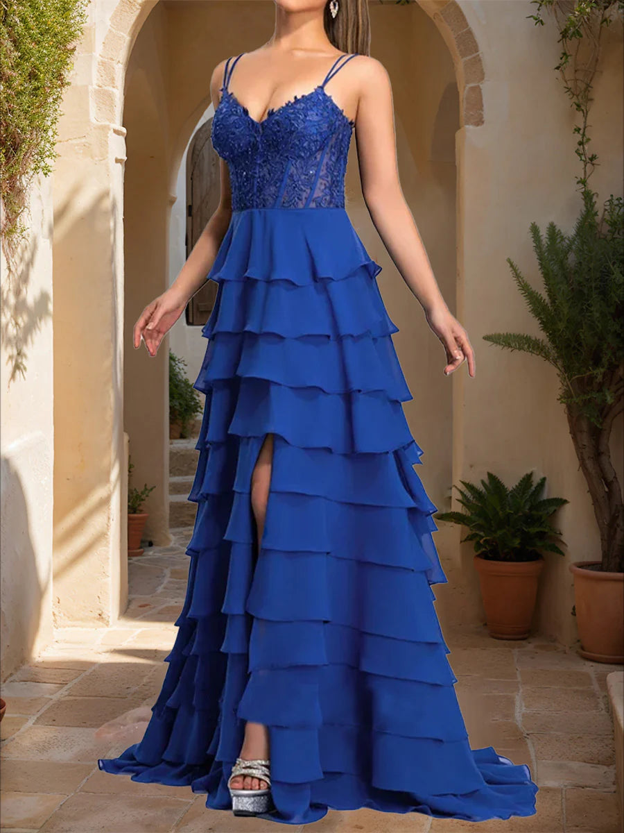 A-Line Straps Sheer Corset Lace Ruffle Prom Dresses with Appliques