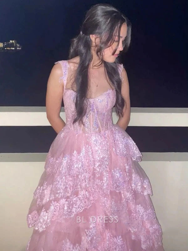 A-Line Appliques Pretty Pink Lace Tiered Long formal dresses Bridesmaid Dresses evening gown Prom Dress
