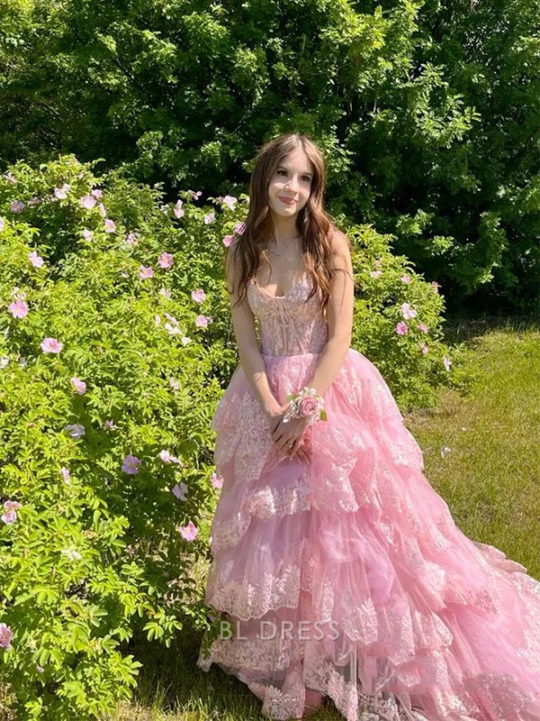 A-Line Appliques Pretty Pink Lace Tiered Long formal dresses Bridesmaid Dresses evening gown Prom Dress