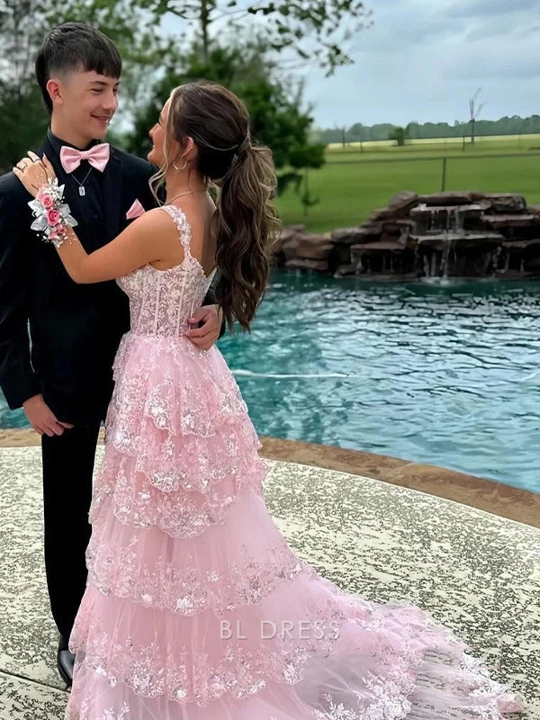 A-Line Appliques Pretty Pink Lace Tiered Long formal dresses Bridesmaid Dresses evening gown Prom Dress