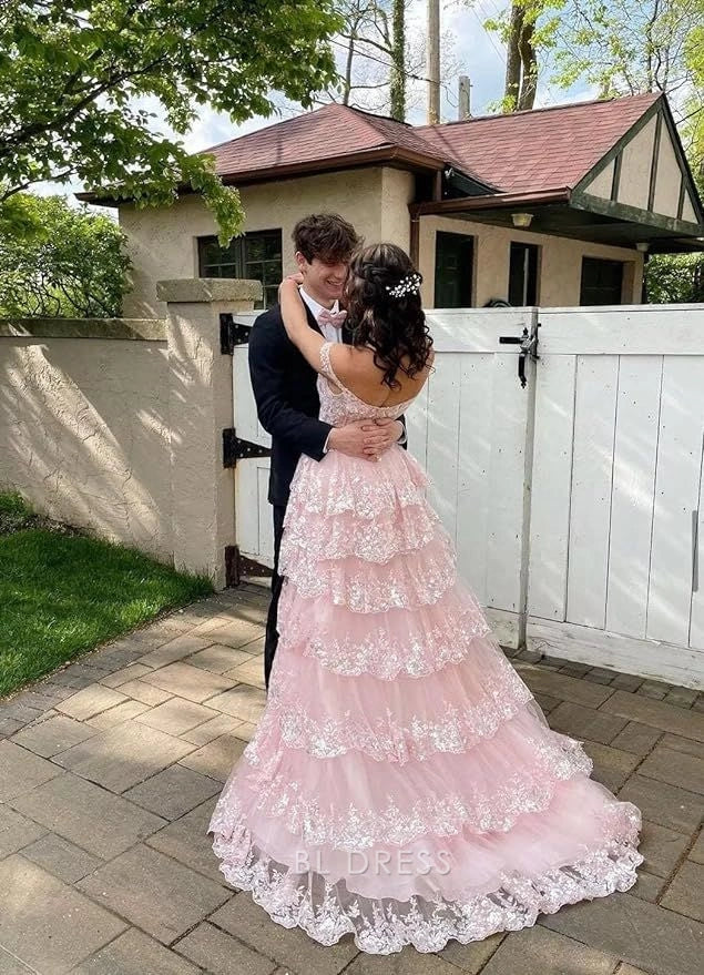 A-Line Appliques Pretty Pink Lace Tiered Long formal dresses Bridesmaid Dresses evening gown Prom Dress