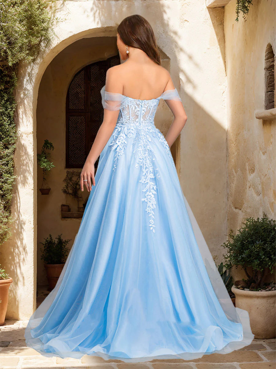 A-Line Sweetheart Appliques Tulle Prom Dresses with Split Side