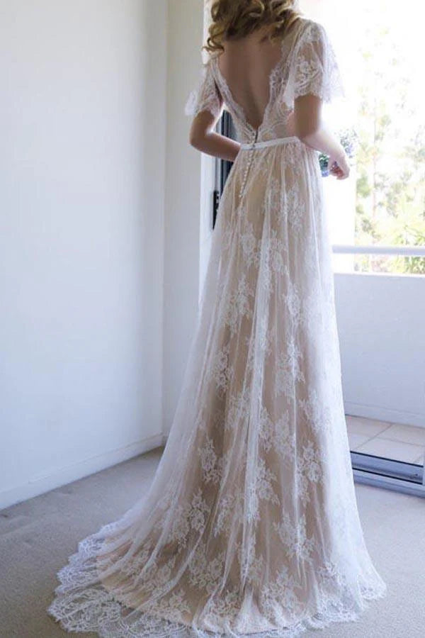 Elegant A-line lace wedding dress with half sleeves and V-neck.