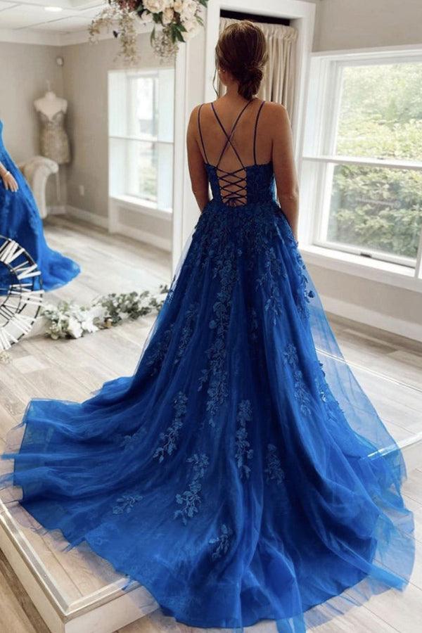 A-line Round Neck Lace Blue Prom Dress Lace Up Evening Dress