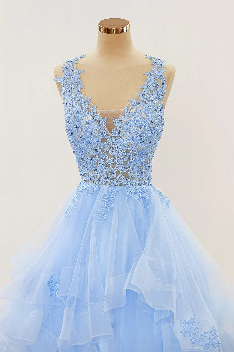 A-line Long Layers Beaded Appliques Lace Prom Dresses