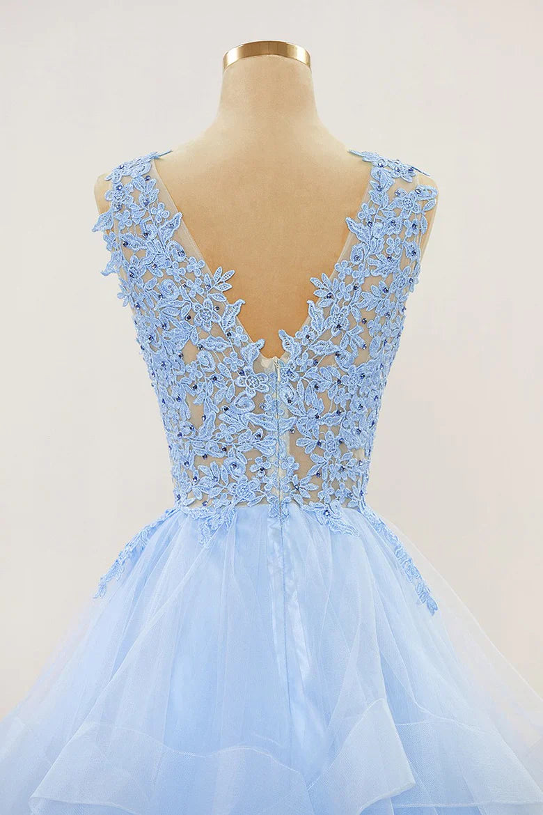 A-line Long Layers Beaded Appliques Lace Prom Dresses