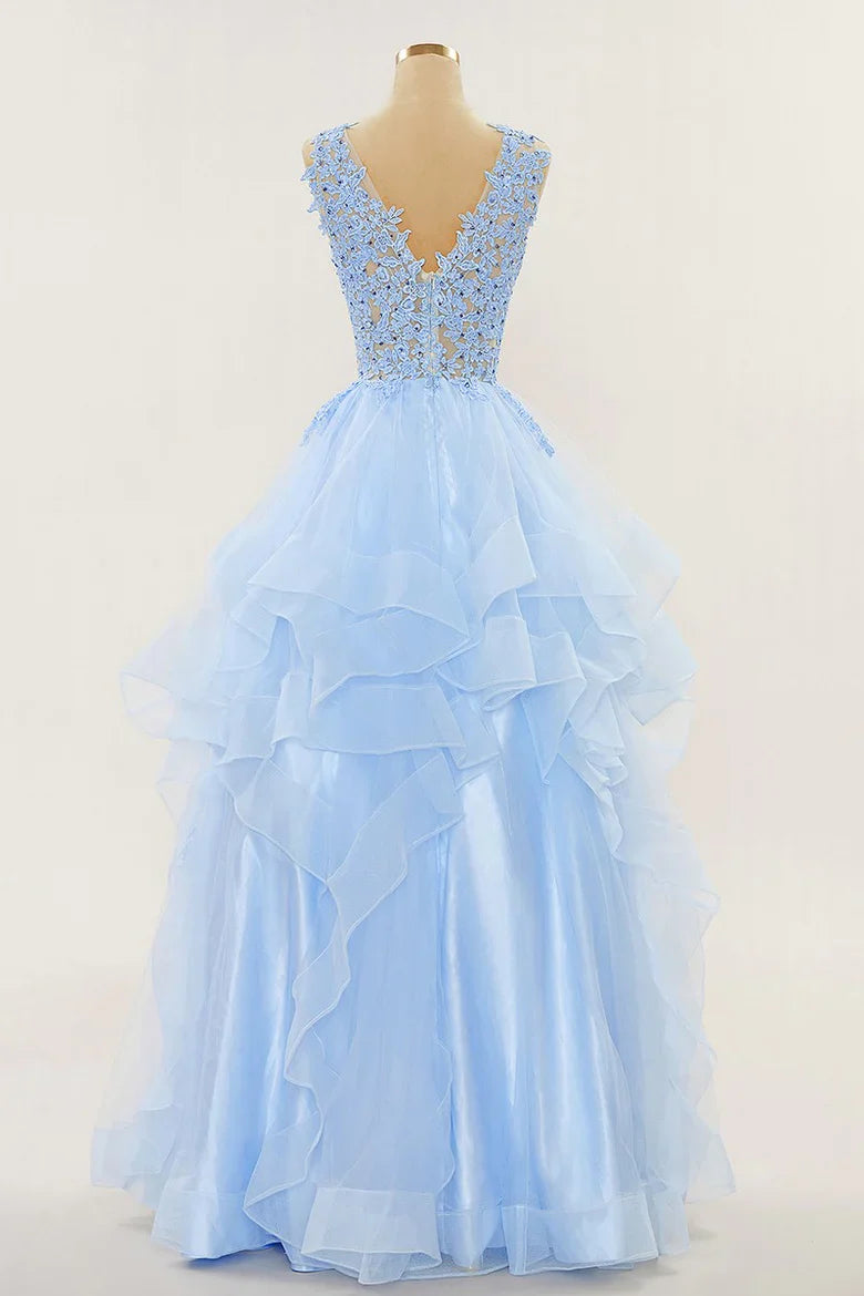 A-line Long Layers Beaded Appliques Lace Prom Dresses