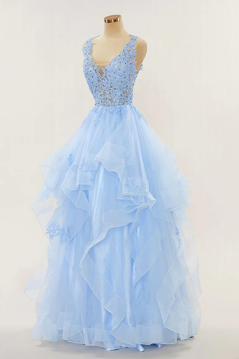 A-line Long Layers Beaded Appliques Lace Prom Dresses