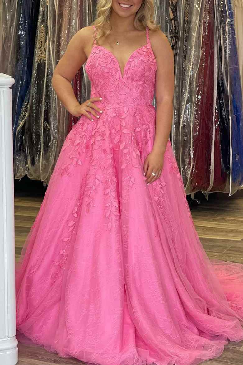 A-line Lace Appliques V Neck Prom Dress Evening Dresses