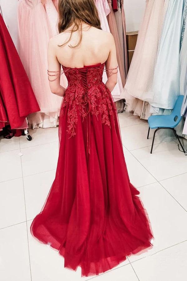 A-line Tulle Sweep Train Prom Dresses With Beaded Sequins