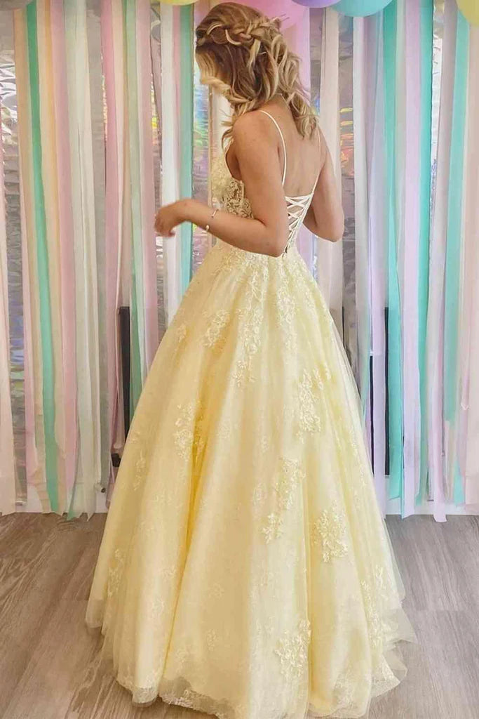 A-line V-Neck Appliques Yellow Long Prom Dress Formal Dress