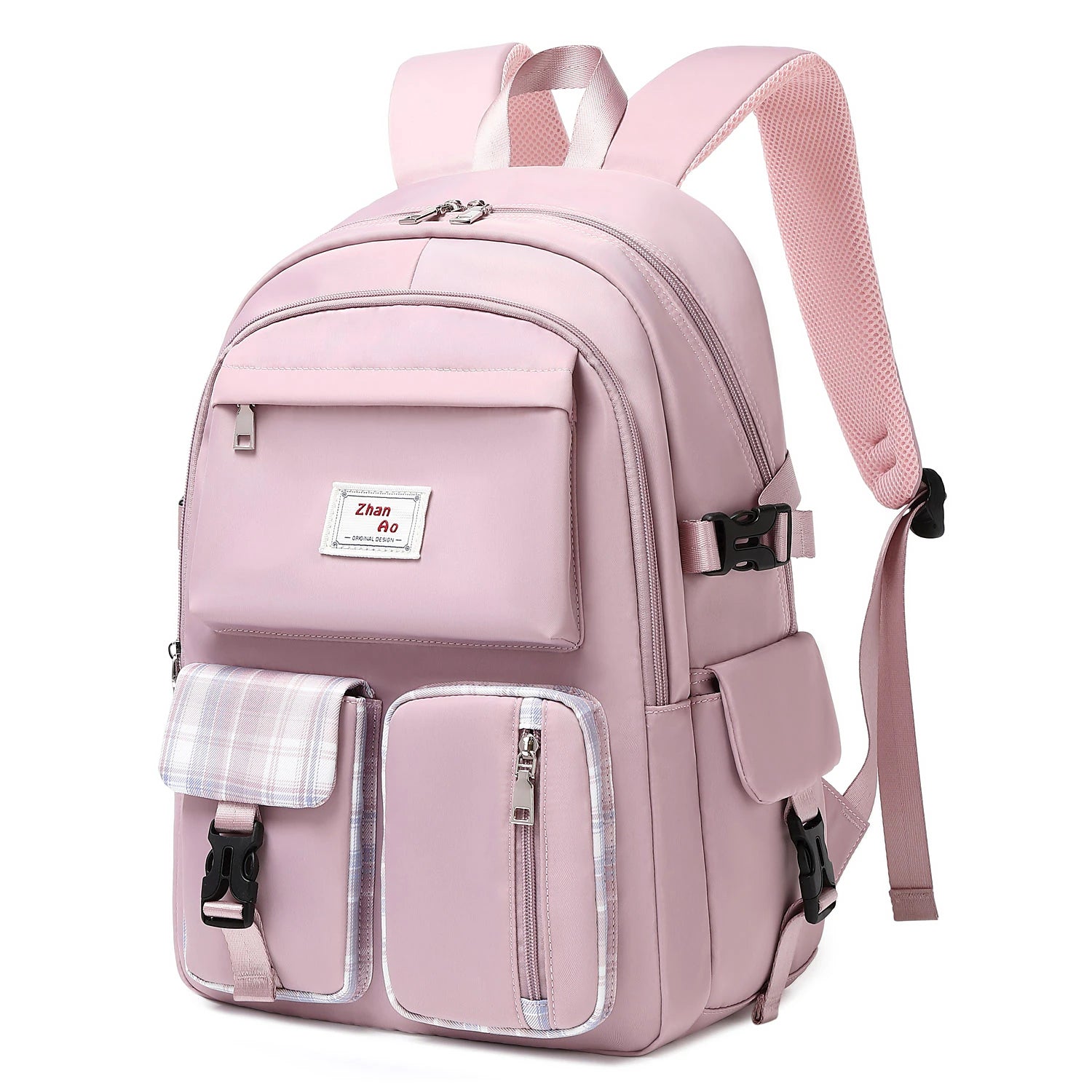 Black waterproof Oxford backpack with zipper and button closures.