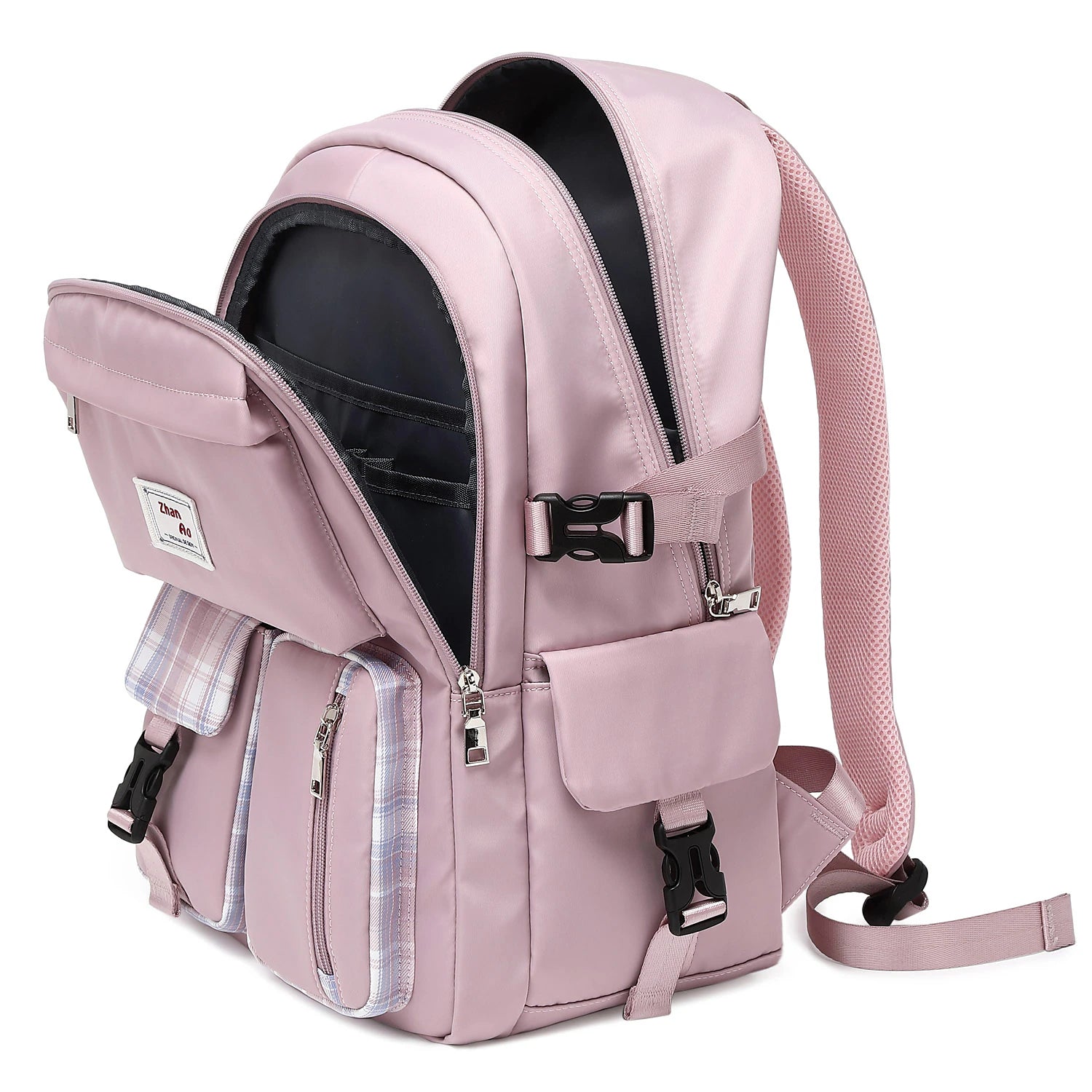 Purple waterproof Oxford backpack, front view.