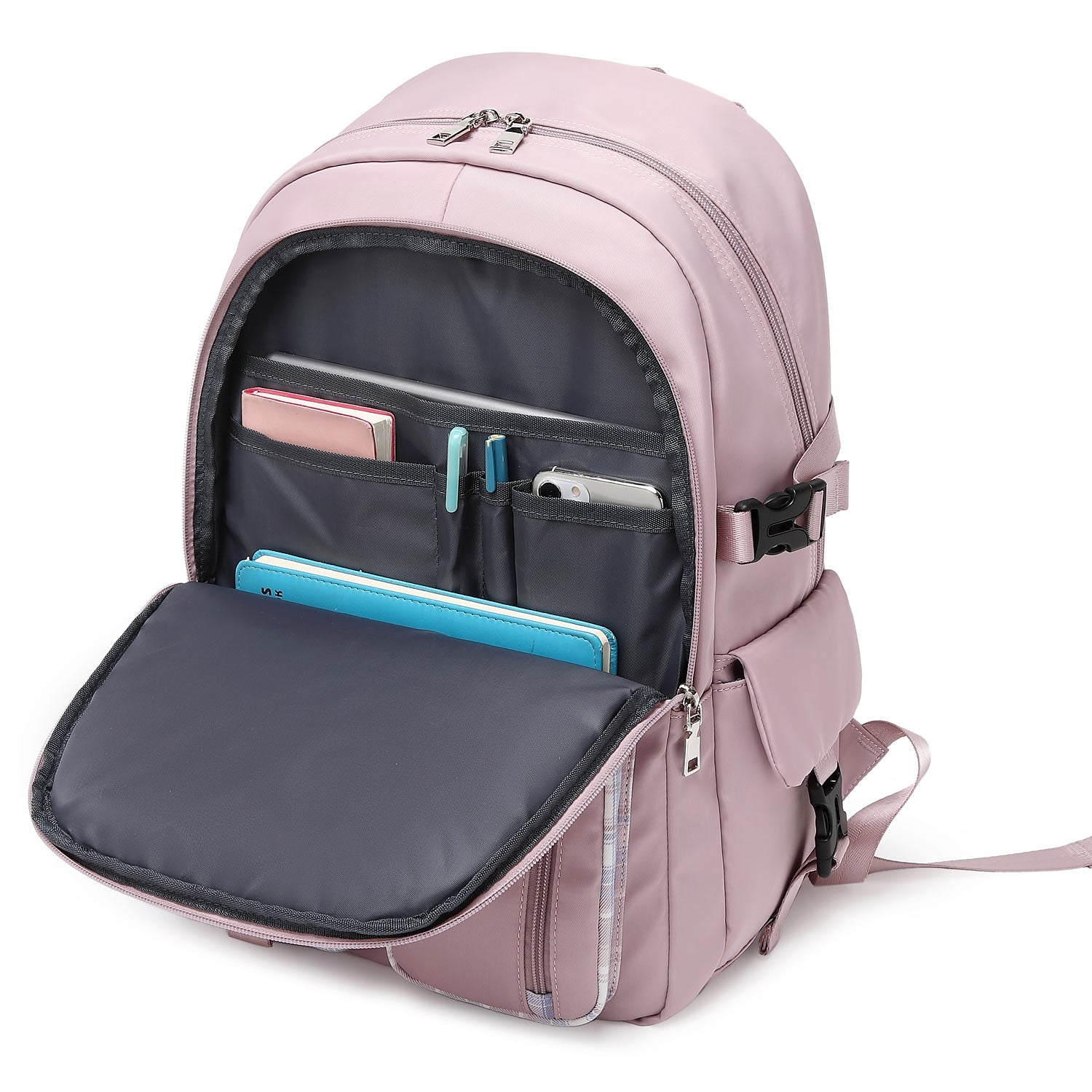 Black Oxford backpack, showing side pocket detail.