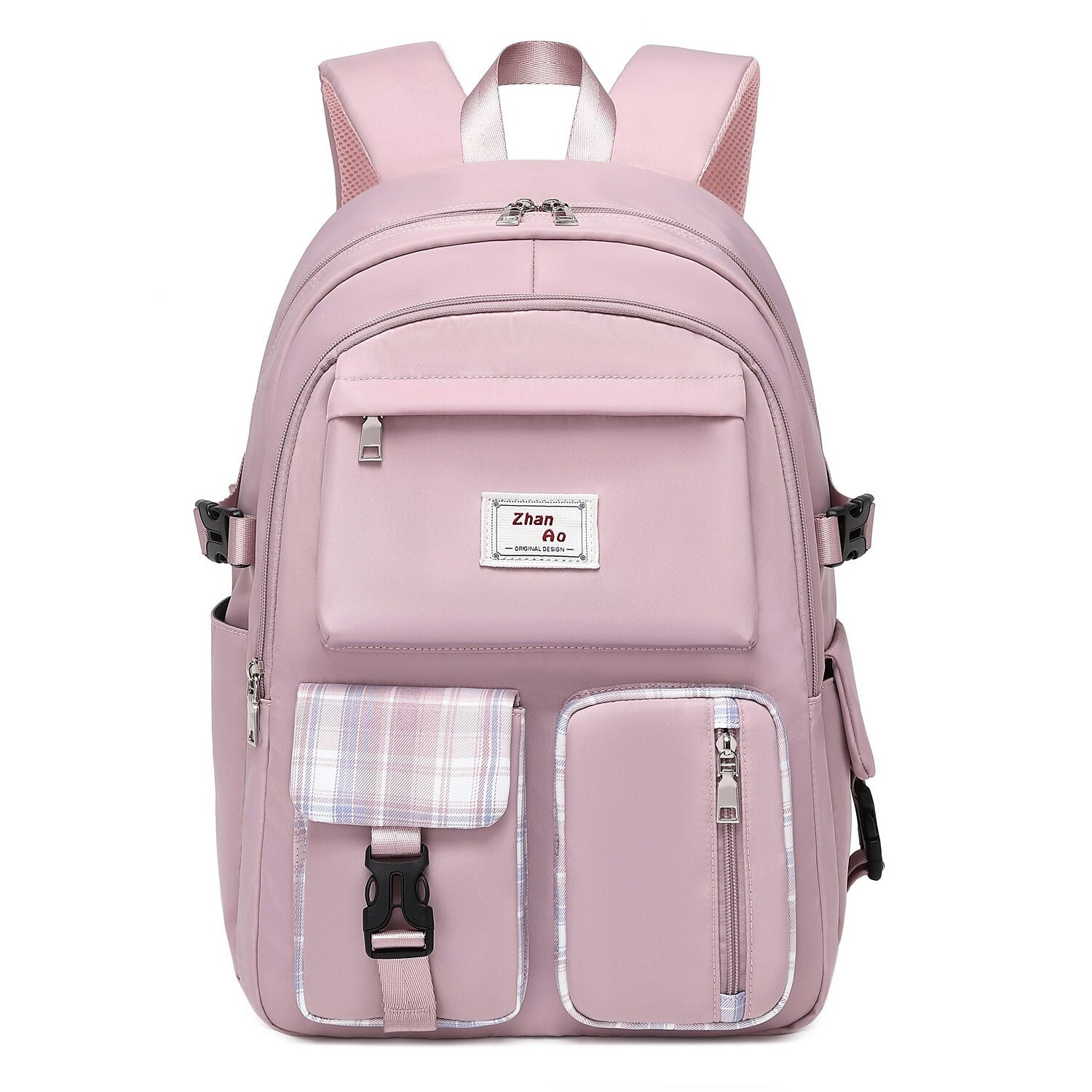 Pink Oxford backpack, open to show interior capacity.