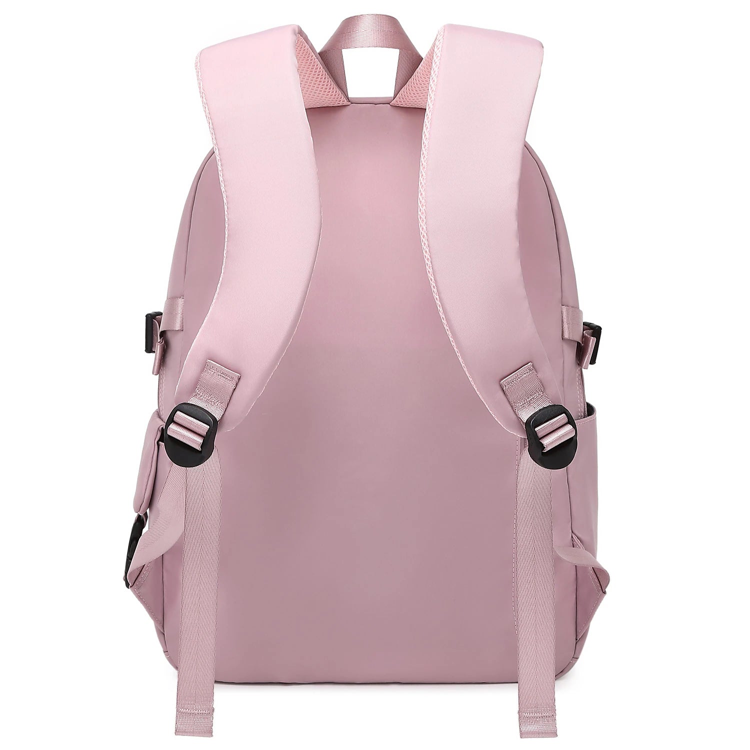Black Oxford backpack, close-up of zipper and button details.