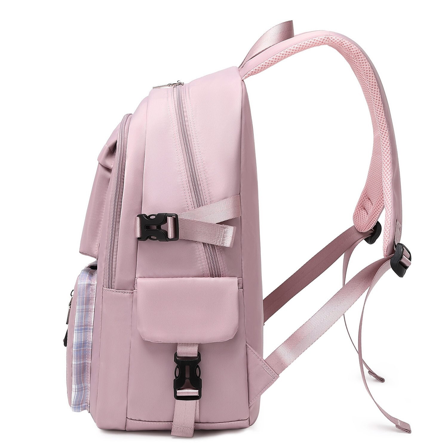 Three Oxford backpacks in black, pink, and purple displayed together.