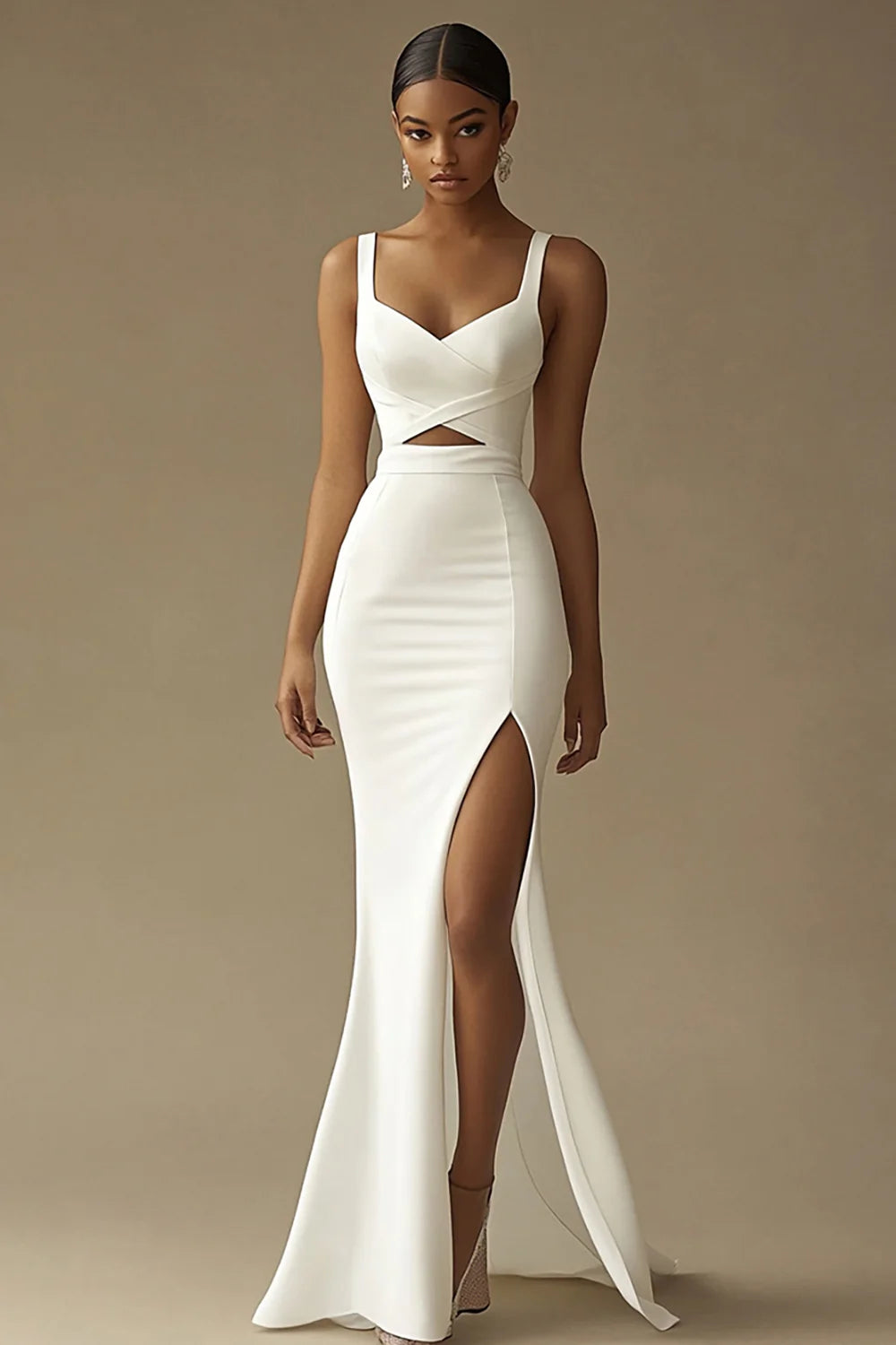 Front view of an alluring white mermaid wedding dress with a V-neck, cut-out details, and a high slit.