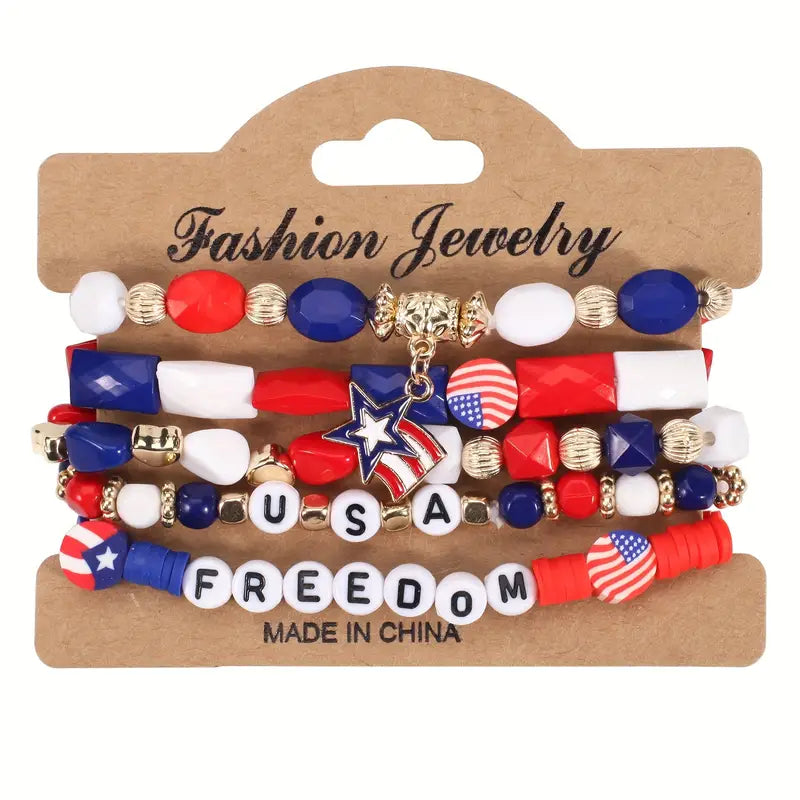 American Flag-inspired glass beaded stretch bracelet with crystal accents.