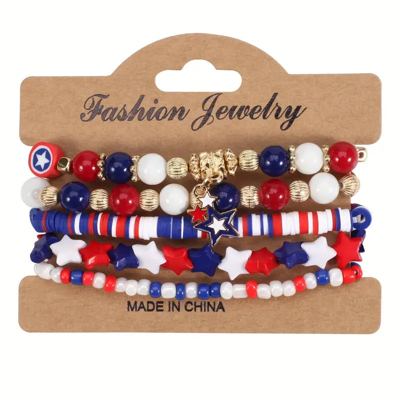 Close-up of glass beads and crystal accents on the patriotic bracelet.