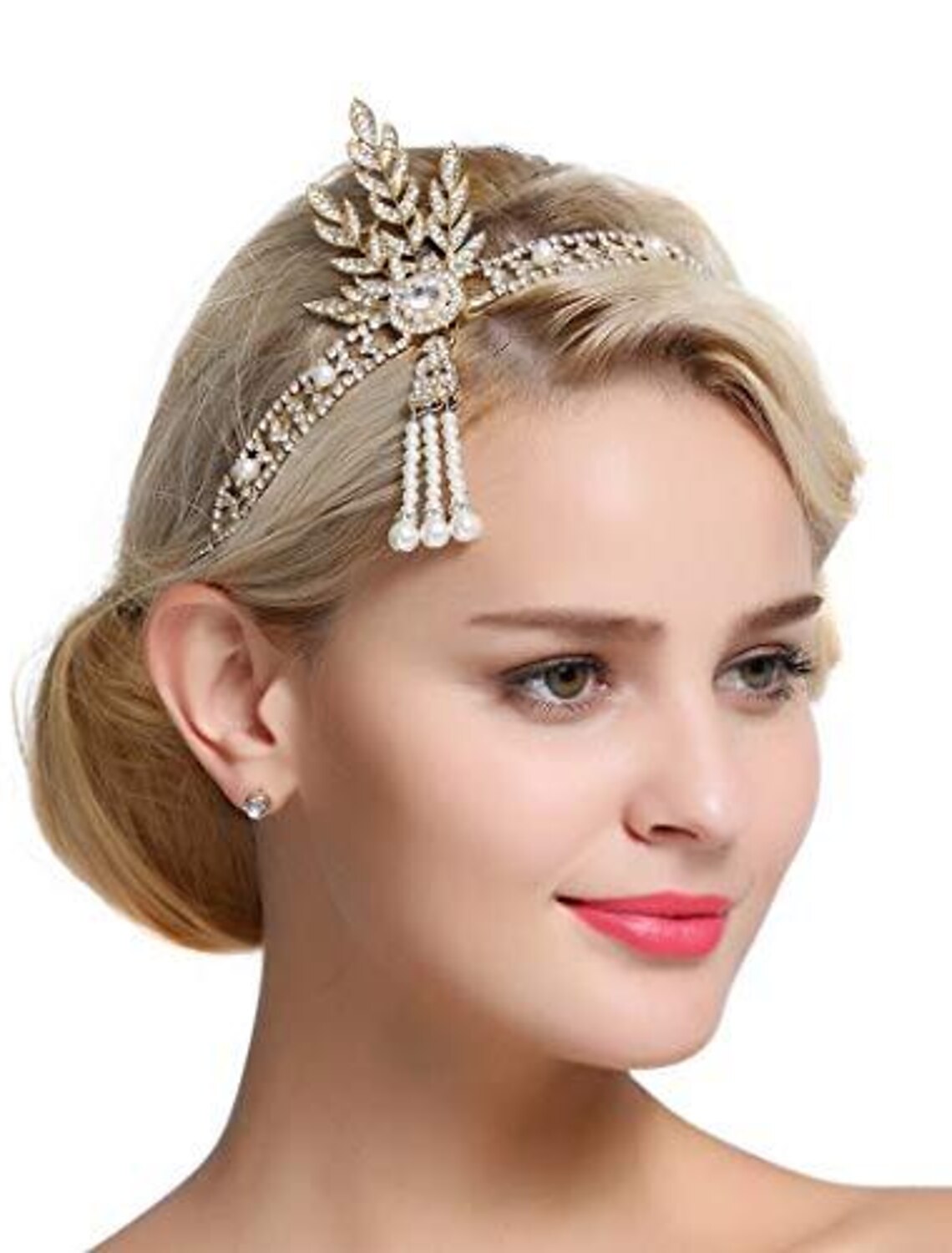 Art Deco 1920s gold leaf and pearl bridal tiara headband.