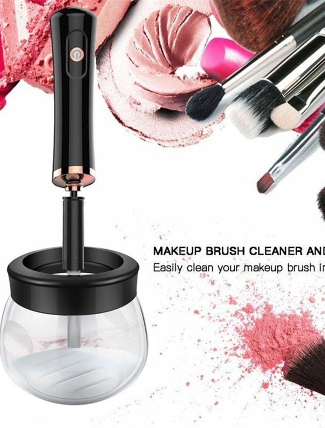 Electric makeup brush cleaner with a brush inserted.