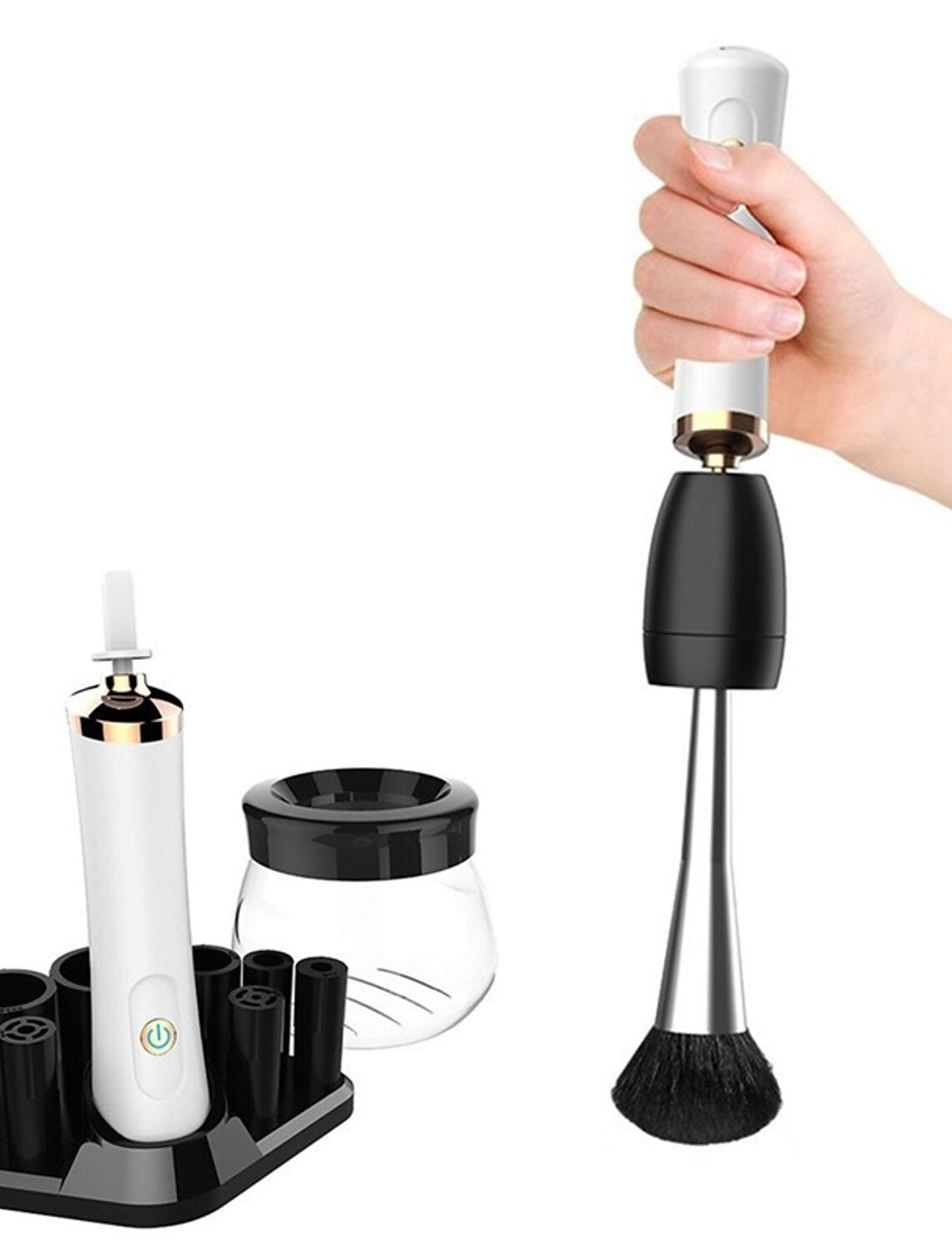 Hand holding a makeup brush in the electric cleaner.
