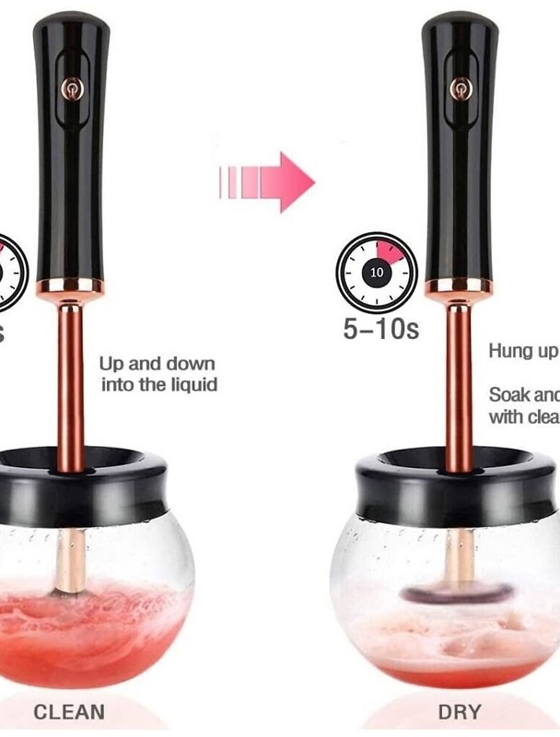 Electric makeup brush cleaner in use, showing water.