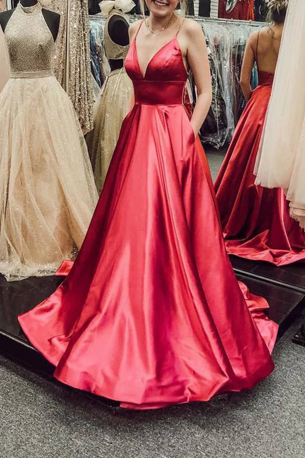 Spaghetti Straps Backless Prom Dresses Pockets Long Evening Gowns