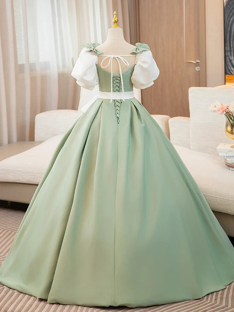 A-Line Puff Sleeves Satin Long Prom Dress