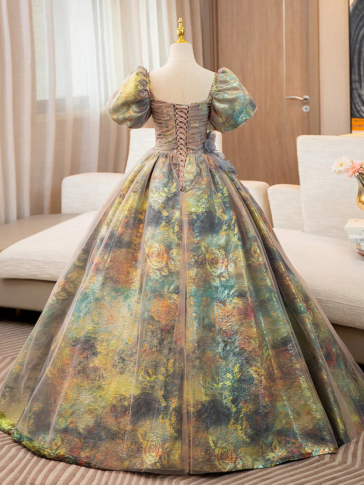 A-Line Puff Sleeves Long Prom Dress with Flower