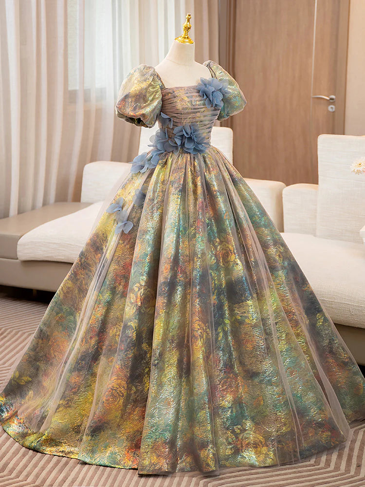 A-Line Puff Sleeves Long Prom Dress with Flower