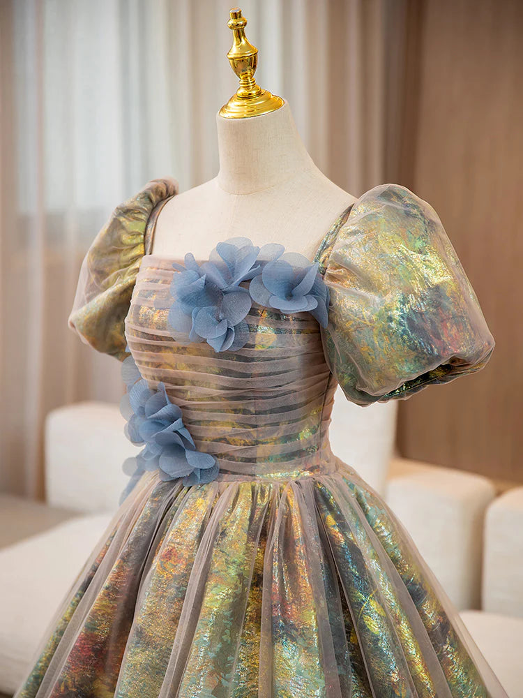 A-Line Puff Sleeves Long Prom Dress with Flower