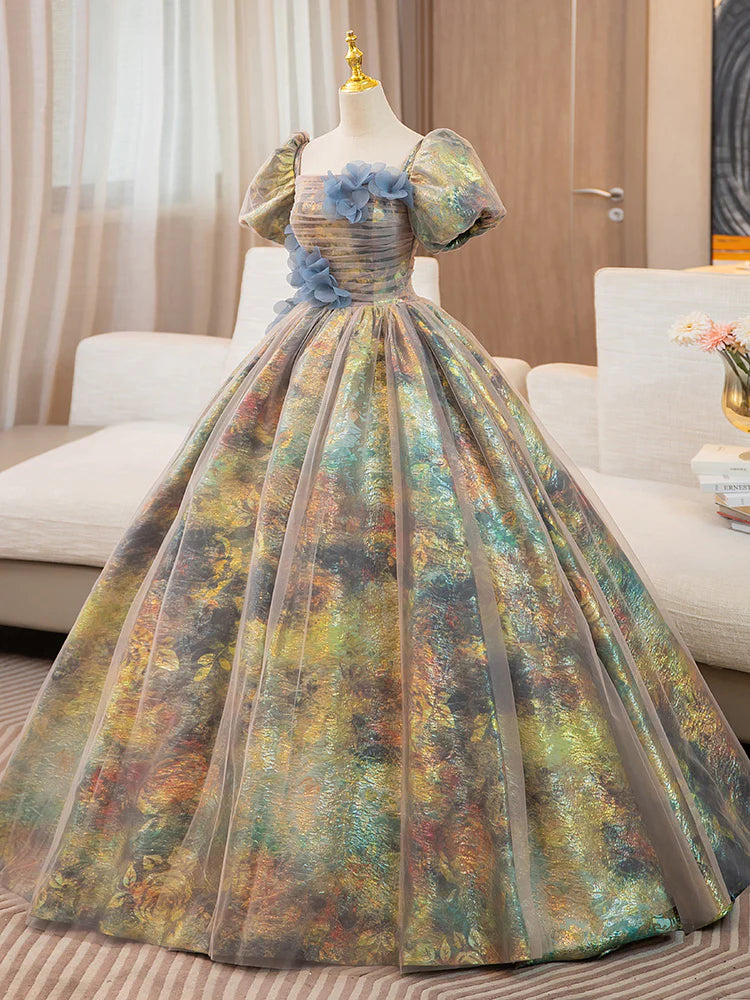 A-Line Puff Sleeves Long Prom Dress with Flower