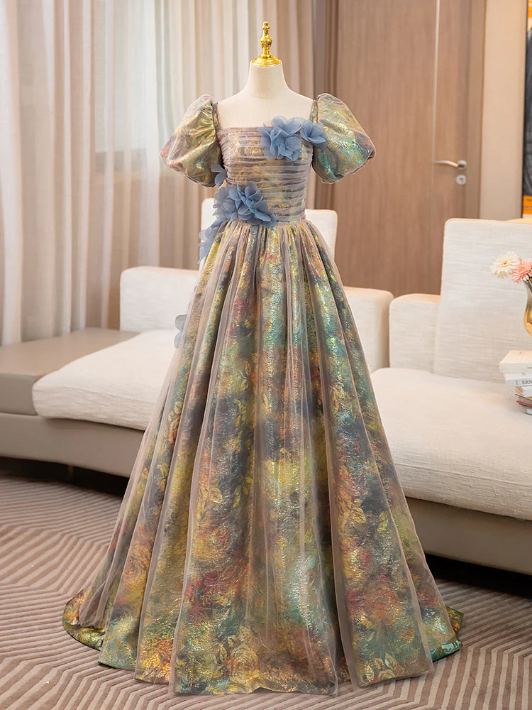 A-Line Puff Sleeves Long Prom Dress with Flower