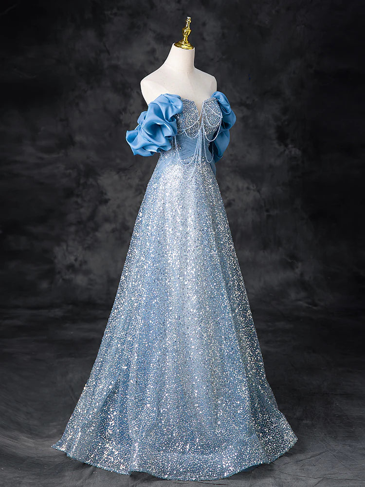 A-Line Off Shoulder Sequin Beads Long Prom Dress