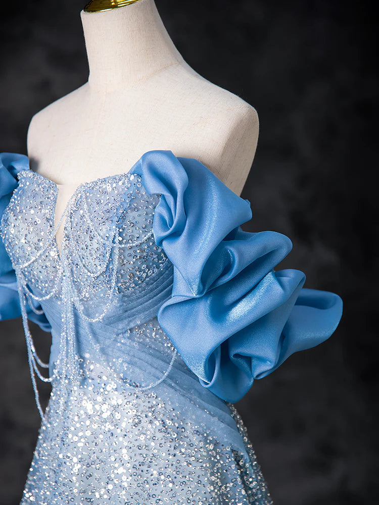 A-Line Off Shoulder Sequin Beads Long Prom Dress