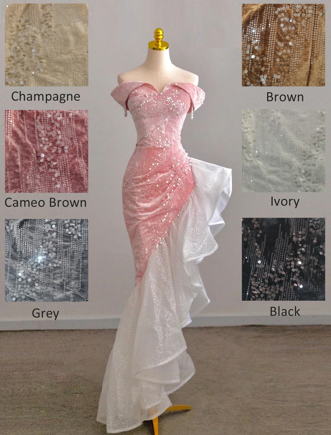 Full view of BL Dress Off-Shoulder Sequin Pearl Tulle Mermaid Gown.