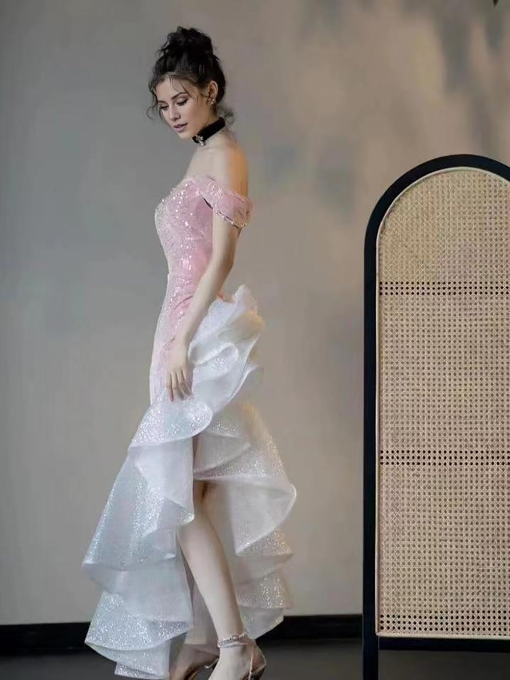 Model in pink BL Dress Off-Shoulder Sequin Pearl Tulle Mermaid Gown.