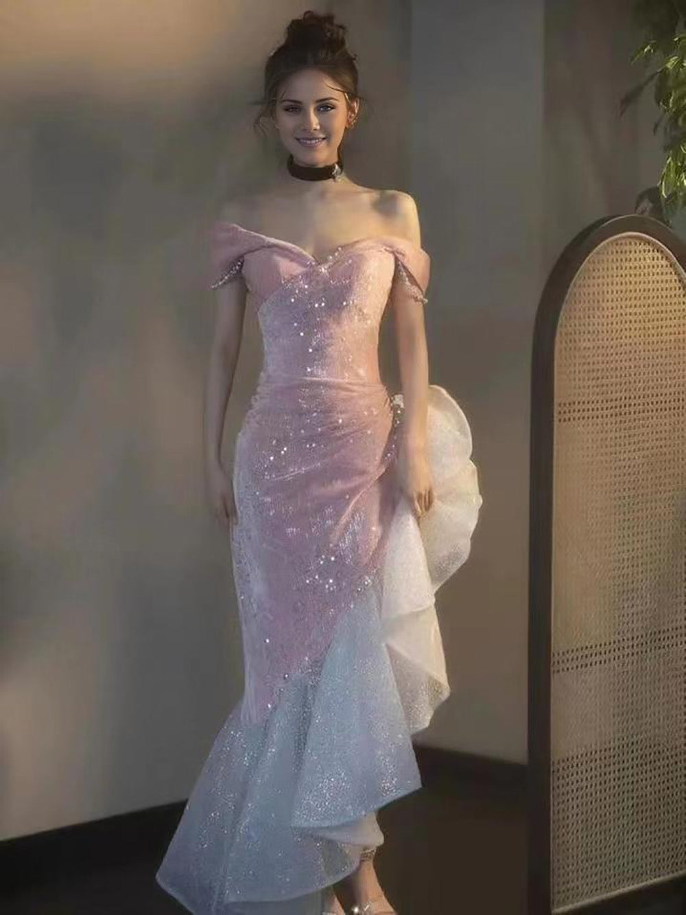 Back view of pink BL Dress Off-Shoulder Sequin Pearl Tulle Mermaid Gown.