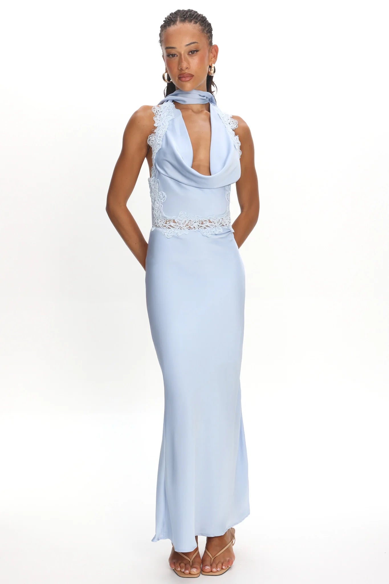 Baby Blue Satin Lace Halter Cowl Neck Maxi Evening Dress